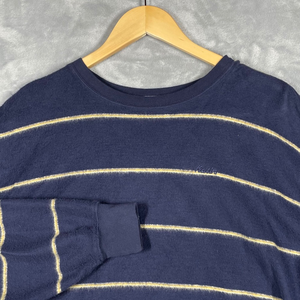 Katin Mens XL Navy Blue Yellow Striped Long Sleeve Cotton Knit Crewneck Sweater